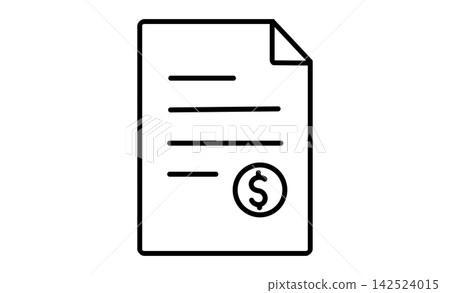 A simple line drawing icon of a document showing an invoice and payment amount, along with a coin. A simple line drawing icon of a document showing an invoice and payment amount, along with a coin. 142524015