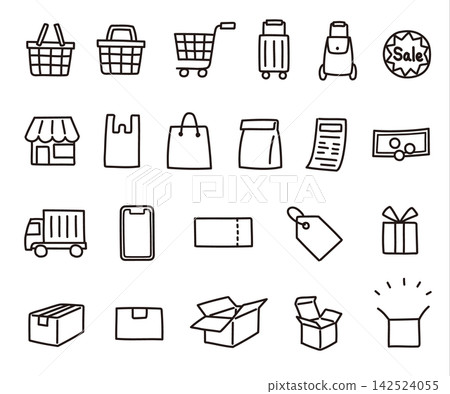 A set of simple and cute hand-drawn line art icons for shopping and luggage. A set of simple and cute hand-drawn line art icons for shopping and luggage. 142524055