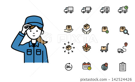 Icon set featuring a female logistics staff member wearing a work cap | Workers, Transportation, Warehousing, Delivery Icon set featuring a female logistics staff member wearing a work cap | Workers, Transportation, Warehousing, Delivery 142524426