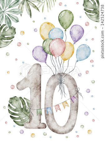 Watercolor Number 10 decorated with big bundles of balloons, birthday flag garland confetti and tropical leaves. Monthly milestone card illustration isolated on transparent background for birthday Watercolor Number 10 decorated with big bundles of balloons, birthday flag garland confetti and tropical leaves. Monthly milestone card illustration isolated on transparent background for birthday 142524738
