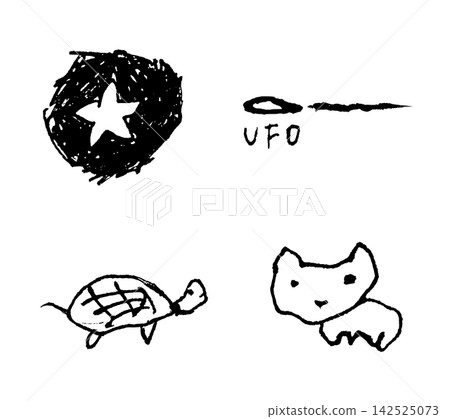 A set of monochrome hand-drawn line art featuring stars, UFOs, turtles, and cats. A set of monochrome hand-drawn line art featuring stars, UFOs, turtles, and cats. 142525073