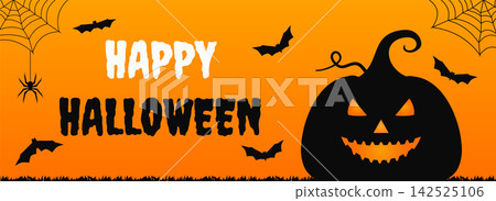 Happy Halloween Banner with Pumpkin and Bats Happy Halloween Banner with Pumpkin and Bats 142525106