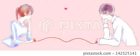 A man and a woman facing each other, bound together by the red thread of fate, one resting their chin on their hand, the other smiling. A man and a woman facing each other, bound together by the red thread of fate, one resting their chin on their hand, the other smiling. 142525141