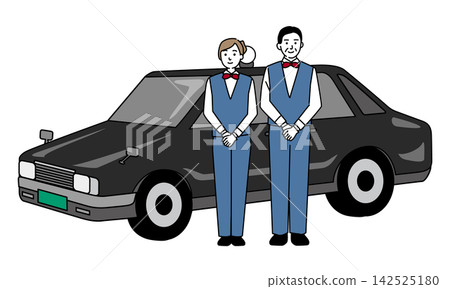 A middle-aged man and a young woman stand in front of the taxi. A middle-aged man and a young woman stand in front of the taxi. 142525180