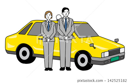 A young man and woman stand in front of the taxi. A young man and woman stand in front of the taxi. 142525182