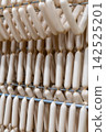 Fresh Raw Sausages Hanging on Racks in Food Processing Factory 142525201