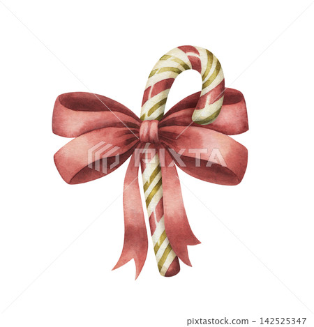 Watercolor candy cane with red bow and green stripes. Vintage Christmas peppermint stick illustration shows cute sweet decor. Holiday dessert suits card and winter decoration. Traditional xmas food. Watercolor candy cane with red bow and green stripes. Vintage Christmas peppermint stick illustration shows cute sweet decor. Holiday dessert suits card and winter decoration. Traditional xmas food. 142525347
