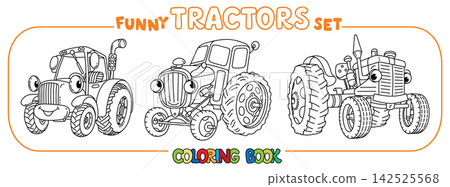 Funny vector tractors with eyes. Coloring book set Funny vector tractors with eyes. Coloring book set 142525568
