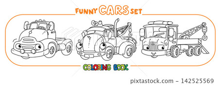 Vintage tow trucks with eyes. Cars coloring book Vintage tow trucks with eyes. Cars coloring book 142525569