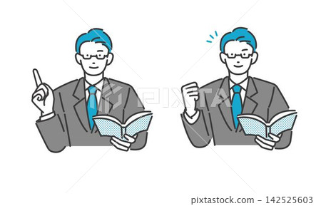 Vector illustration of a cram school teacher holding a textbook. Vector illustration of a cram school teacher holding a textbook. 142525603
