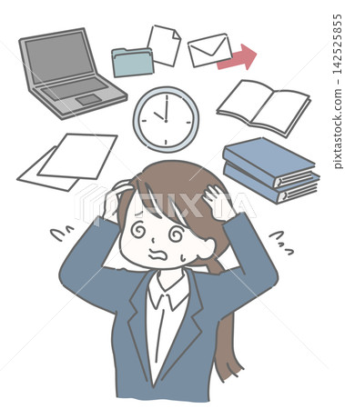 A woman in a suit, overwhelmed with work and in a panic. A woman in a suit, overwhelmed with work and in a panic. 142525855