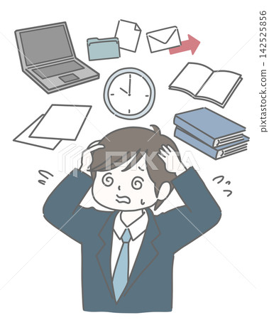 A man in a suit, overwhelmed with work and in a panic. A man in a suit, overwhelmed with work and in a panic. 142525856