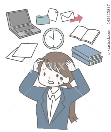 A woman in a suit, overwhelmed by a huge workload. 142525857