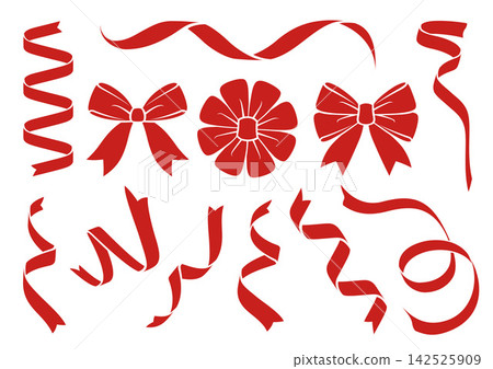 A set of flat illustration materials featuring a red ribbon. 142525909