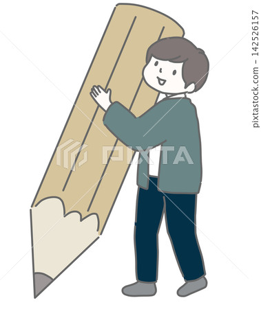 一個面帶微笑的男人手裡拿著一支大鉛筆。 一個面帶微笑的男人手裡拿著一支大鉛筆。 142526157