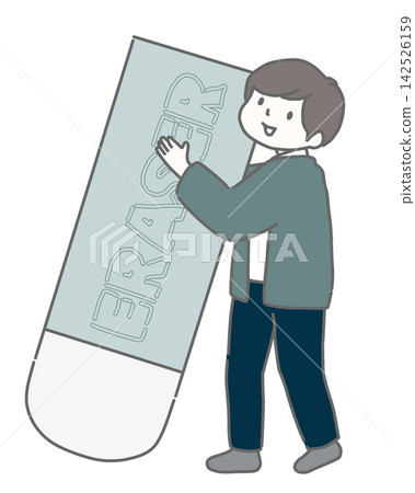 一個微笑的男人拿著一塊大橡皮擦。 一個微笑的男人拿著一塊大橡皮擦。 142526159