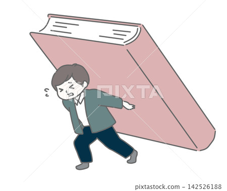 A man endures carrying a huge book on his back. A man endures carrying a huge book on his back. 142526188