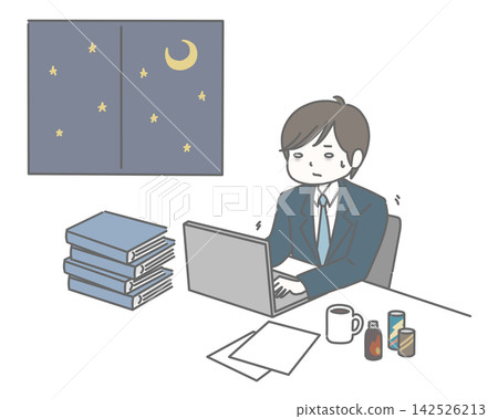 一位身穿西裝的疲憊男子深夜還在電腦前工作。 一位身穿西裝的疲憊男子深夜還在電腦前工作。 142526213