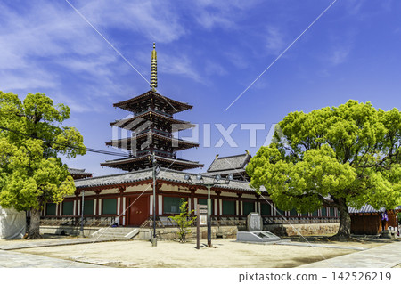 Osaka, Tennoji, Shitennoji Temple, Five-Storied Pagoda and Corridor, Osaka City, Osaka Prefecture Osaka, Tennoji, Shitennoji Temple, Five-Storied Pagoda and Corridor, Osaka City, Osaka Prefecture 142526219