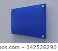 A4 blue glass nameplate plate on gold spacer metal holders. Clear printing board for branding. Acrilic advertising signboard on gray background front view. Size 297 x 210 mm. 3D illustration 142526290