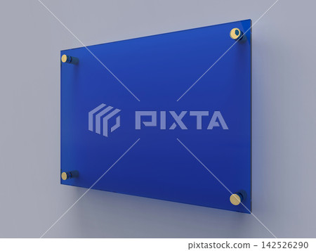 A4 blue glass nameplate plate on gold spacer metal holders. Clear printing board for branding. Acrilic advertising signboard on gray background front view. Size 297 x 210 mm. 3D illustration A4 blue glass nameplate plate on gold spacer metal holders. Clear printing board for branding. Acrilic advertising signboard on gray background front view. Size 297 x 210 mm. 3D illustration 142526290