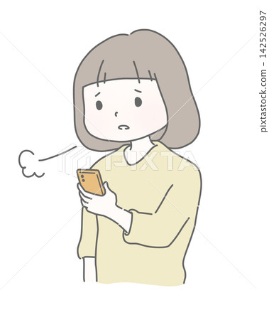 A housewife sighs as she looks at her smartphone. A housewife sighs as she looks at her smartphone. 142526297