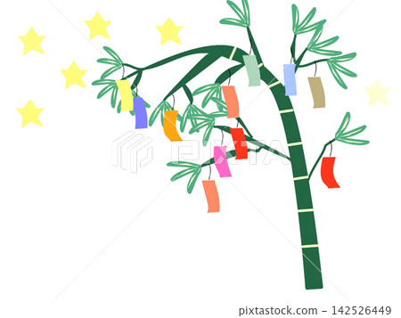 Tanabata bamboo decorations adorned with colorful strips of paper and twinkling stars. Tanabata bamboo decorations adorned with colorful strips of paper and twinkling stars. 142526449