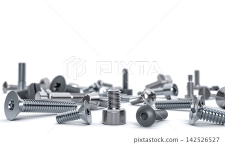 3d steel screws and bolts on white background 3d steel screws and bolts on white background 142526527