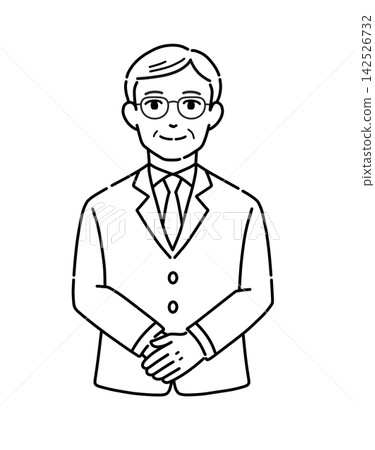 Illustration of a senior man in a suit bowing with his hands clasped - monochrome 1 Illustration of a senior man in a suit bowing with his hands clasped - monochrome 1 142526732