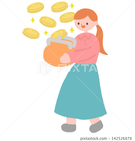 一幅插圖，描繪了一位女士因為錢包裡的錢多了而高興的情景。 142526878