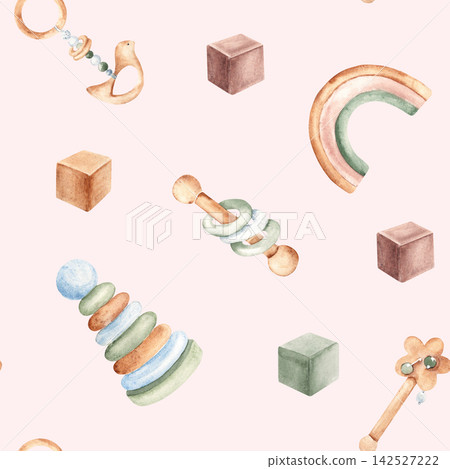Baby seamless pattern. Watercolor wooden toys and rattles on a pink background. Suitable for fabric, textile, wallpaper, wrapping paper and baby shower designs. Baby seamless pattern. Watercolor wooden toys and rattles on a pink background. Suitable for fabric, textile, wallpaper, wrapping paper and baby shower designs. 142527222