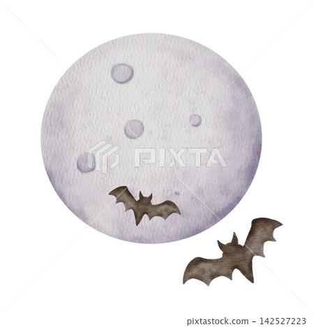 Watercolor Halloween Full Moon with Flying Bats, Hand Painted Spooky Night composition Isolated on White Background Watercolor Halloween Full Moon with Flying Bats, Hand Painted Spooky Night composition Isolated on White Background 142527223