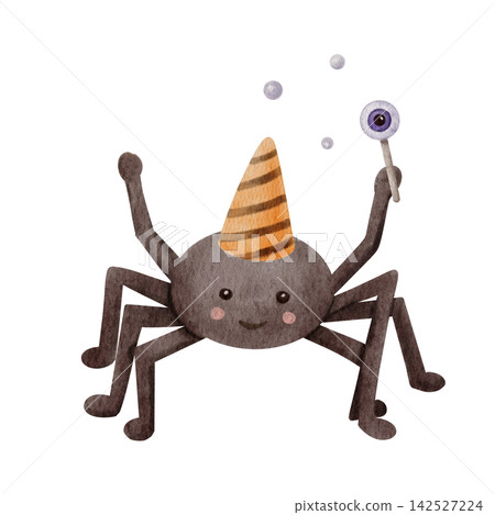 Cute Watercolor Halloween Spider in Striped Party Hat Holding Eyeball Wand, Playful Spooky Character Isolated on White Cute Watercolor Halloween Spider in Striped Party Hat Holding Eyeball Wand, Playful Spooky Character Isolated on White 142527224