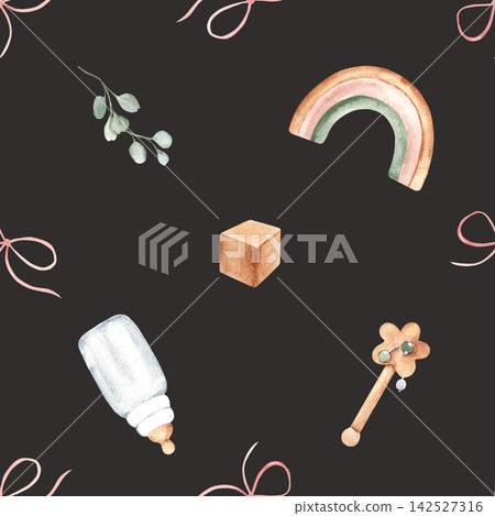 Watercolor Baby girl seamless pattern with milk bottle, pink bow, wooden toys, rattle and eucalyptus on a black background. Suitable for fabric, textile, wrapping paper. Watercolor Baby girl seamless pattern with milk bottle, pink bow, wooden toys, rattle and eucalyptus on a black background. Suitable for fabric, textile, wrapping paper. 142527316