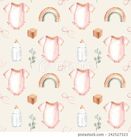 Baby girl seamless pattern. Watercolor pink onesie or bodysuit, milk bottle, wooden toys and eucalyptus on a beige pastel background. Suitable for fabric, textile, wallpaper, wrapping paper and baby Baby girl seamless pattern. Watercolor pink onesie or bodysuit, milk bottle, wooden toys and eucalyptus on a beige pastel background. Suitable for fabric, textile, wallpaper, wrapping paper and baby 142527323