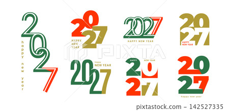 2027 Happy New Year typography logo set with modern colorful numbers. Red, green, gold vector typography layouts isolated on white background for posters, cards, calendar covers 2027 Happy New Year typography logo set with modern colorful numbers. Red, green, gold vector typography layouts isolated on white background for posters, cards, calendar covers 142527335