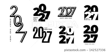2027 Happy New Year typography logo set with modern minimal numbers. Black and white, monochrome vector typography layouts isolated on white background for posters, cards, banners, calendar covers 2027 Happy New Year typography logo set with modern minimal numbers. Black and white, monochrome vector typography layouts isolated on white background for posters, cards, banners, calendar covers 142527336