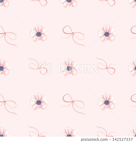 Watercolor anemone flowers and bows baby girl seamless pattern. Hand drawn illustration on a pink background. Perfect for fabric, textile, wrapping paper, wallpaper and baby shower design. Watercolor anemone flowers and bows baby girl seamless pattern. Hand drawn illustration on a pink background. Perfect for fabric, textile, wrapping paper, wallpaper and baby shower design. 142527337