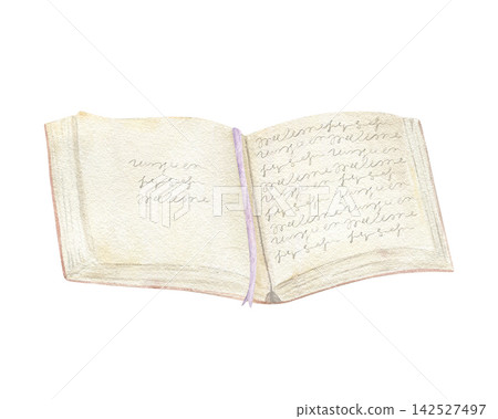 Open book with handwritten script text and purple ribbon bookmark watercolor illustration on isolated background. Reading, writing and literature concept for education and printing design. 142527497