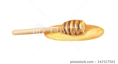 Wooden honey dipper with golden honey puddle isolated on isolated background. natural sweet honey watercolor illustration. Organic food and beekeeping product for kitchen design and packaging 142527501