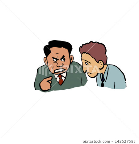 一幅插圖描繪了老闆嚴厲斥責下屬和沮喪的男員工。 一幅插圖描繪了老闆嚴厲斥責下屬和沮喪的男員工。 142527585