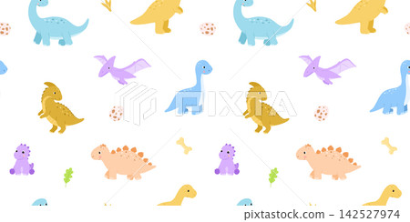 Cute dinosaurs vector seamless pattern. Repeating nursery background for baby textiles or children wallpapers. Backdrop with pterodactyl, brontosaurus and tyrannosaurus for childish fabric print. Cute dinosaurs vector seamless pattern. Repeating nursery background for baby textiles or children wallpapers. Backdrop with pterodactyl, brontosaurus and tyrannosaurus for childish fabric print. 142527974