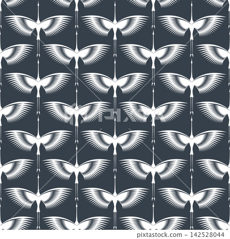White Herons in Art Deco style. Seamless Pattern for interior decoration, textiles. Fashionable home decor. Abstract flying bird vector illustration texture isolated on blue navy vintage background White Herons in Art Deco style. Seamless Pattern for interior decoration, textiles. Fashionable home decor. Abstract flying bird vector illustration texture isolated on blue navy vintage background 142528044