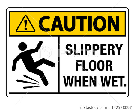 Caution slippery when wet or icy sign vector illustration featuring danger warning symbol and hazard text Caution slippery when wet or icy sign vector illustration featuring danger warning symbol and hazard text 142528097