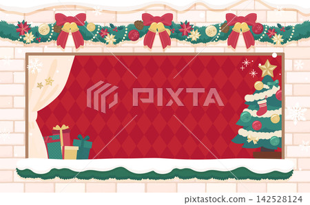 Christmas frame with wreath decoration and white brick background (horizontal) 142528124