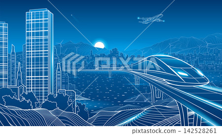 Futuristic high speed train traveling on an elevated railway through a modern smart city with skyscrapers, mountains, wind turbines and airplane. Concept of future transportation, sustainable mobility Futuristic high speed train traveling on an elevated railway through a modern smart city with skyscrapers, mountains, wind turbines and airplane. Concept of future transportation, sustainable mobility 142528261