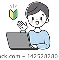 A man with a beginner driver's sticker giving instructions in front of a computer. 142528280