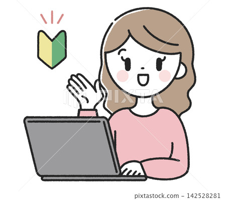 A woman with a beginner driver's sticker giving instructions in front of a computer. A woman with a beginner driver's sticker giving instructions in front of a computer. 142528281