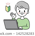 A senior man with a beginner driver's sticker giving instructions in front of a computer. 142528283