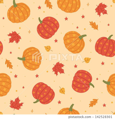 Autumn seamless pattern with pumpkins, stars and colorful leaves. Autumn seamless pattern with pumpkins, stars and colorful leaves. 142528301